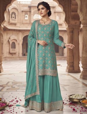 Sea Green Chinon Free Size Ready To Wear Palazzo Suit FABSL22550