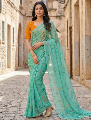 Sea Green Organza Digital Print Saree With Embroidered Blouse Piece FABSA23031