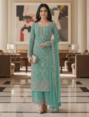 Seafoam Green Butterfly Net Semi Stitched Salwar Kameez FABSL22515