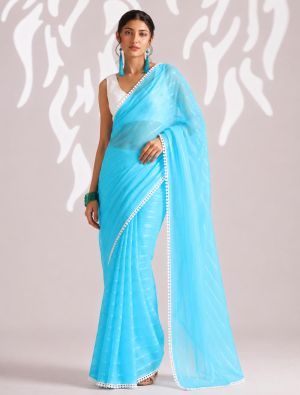 Sky Blue Chiffon Ready To Wear Saree With Unstitched Blouse FABSA23125