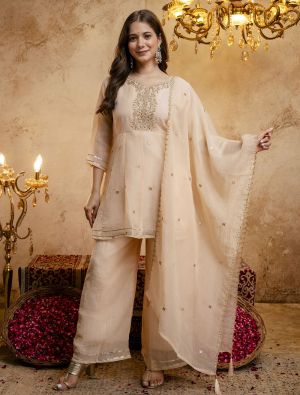 Soft Beige Crunchy Silk Embroidered Ready To Wear Salwar Kameez swatch FABSL22567