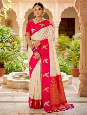 Soft Cream Art Silk Traditional Pattern Zari Woven Saree FABSA23005