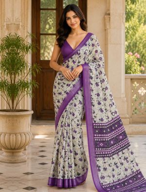 Soft Grey Linen Silk Floral Print Saree FABSA23002