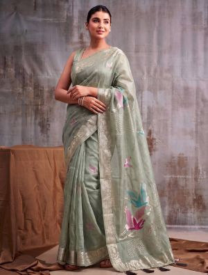 Soft Sage Green Linen Cotton Saree With Antique Zari Work FABSA23100
