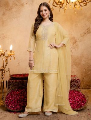 Soft Yellow Crunchy Silk Embroidered Ready To Wear Salwar Kameez swatch FABSL22570