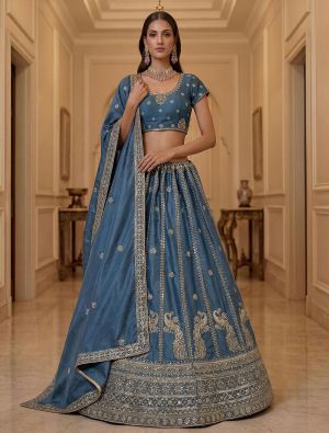 Teal Blue Art Silk Semi Stitched Lehenga Choli FABLE20596