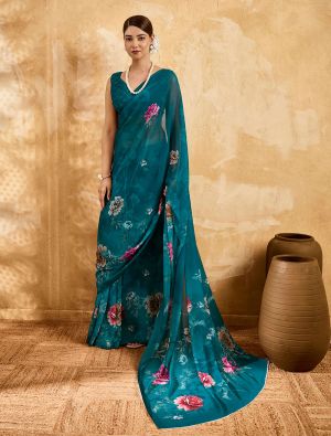 Teal Blue Floral Print Georgette Saree FABSA22989
