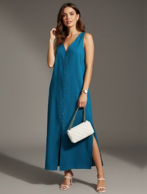 teal blue viscose rayon solid sleeveless maxi dress fabku21270