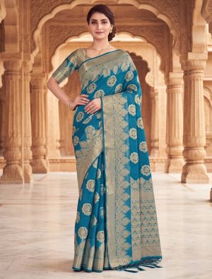 Teal Blue Viscose Silk Saree With Woven Zari Work FABSA23043