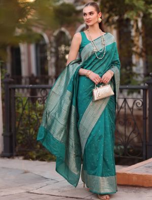 Teal Cotton Blend Saree With Woven Zari Work FABSA23042