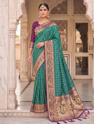 Teal Green Banarasi Art Silk Saree With Golden Zari Work FABSA22978