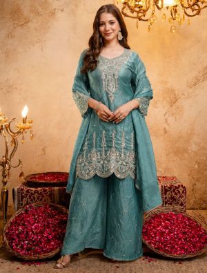 Teal Green Fendy Silk Embroidered Ready To Wear Salwar Kameez swatch FABSL22573