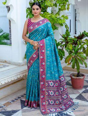 Turquoise Blue Banarasi Art Silk Saree With Brocade-Style Weaving FABSA23156