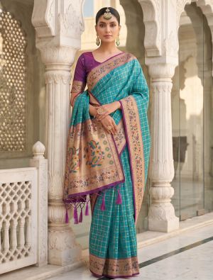 Turquoise Blue Banarasi Art Silk Saree With Golden Zari Work FABSA22974