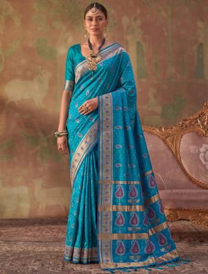 Turquoise Blue Banarasi Soft Art Silk Saree With Jacquard Weaving FABSA23055