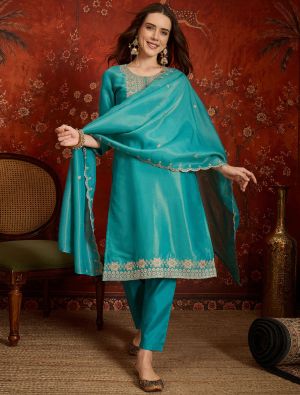 Turquoise Blue Silk Blend Embroidered Ready To Wear Salwar Kameez FABSL22604