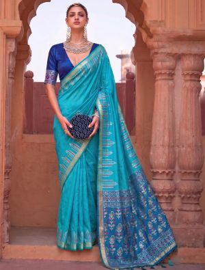 Turquoise Blue Soft Art Silk Traditional Saree With Zari Work FABSA23094