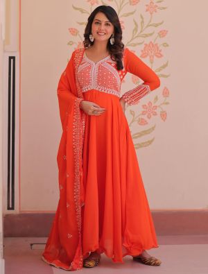 vibrant coral orange star georgette anarkali gown with dupatta fabgo20445