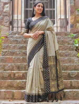 Warm Beige Zari Woven Cotton Saree With Black Blouse FABSA23079