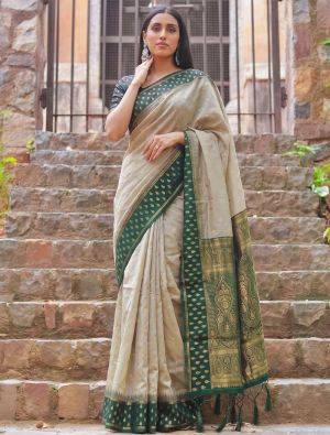 Warm Beige Zari Woven Cotton Saree With Green Blouse FABSA23082