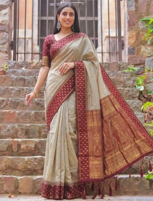 Warm Beige Zari Woven Cotton Saree With Maroon Blouse FABSA23084