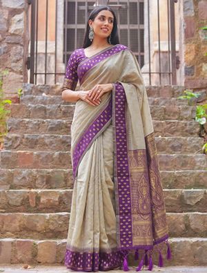 Warm Beige Zari Woven Cotton Saree With Purple Blouse FABSA23081