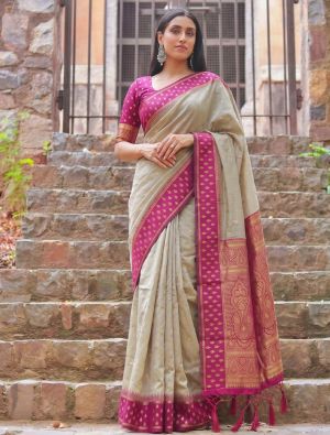 Warm Beige Zari Woven Cotton Saree With Rani Pink Blouse FABSA23083