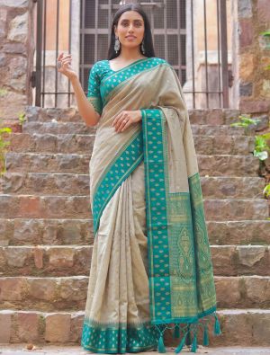 Warm Beige Zari Woven Cotton Saree With Teal Green Blouse FABSA23080