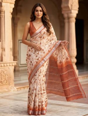 Warm Cream Linen Silk Floral Print Saree FABSA22997
