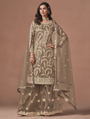 Warm Taupe Net Zari Embroidered Semi Stitched Palazzo Suit FABSL22559