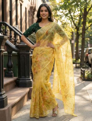 Warm Yellow Organza Digital Print Saree With Embroidered Blouse Piece FABSA23032