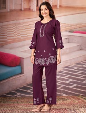 wine rayon embroidered co ord set with handwork fabku21330